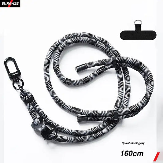 160cm Adjustable Crossbody strap Mobile Phone Lanyard Crossbody Adjustable Long Halter Wrist Woven Hang Rope Phone Case Gasket Lanyard spiral black and gray